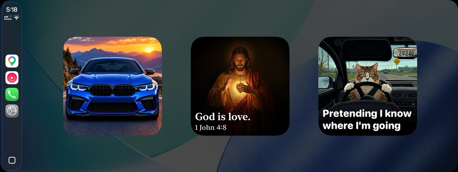 أدوات CarPlay تعرض صورة سيارة زرقاء واقتباسًا وميمًا لقطة تقود السيارة