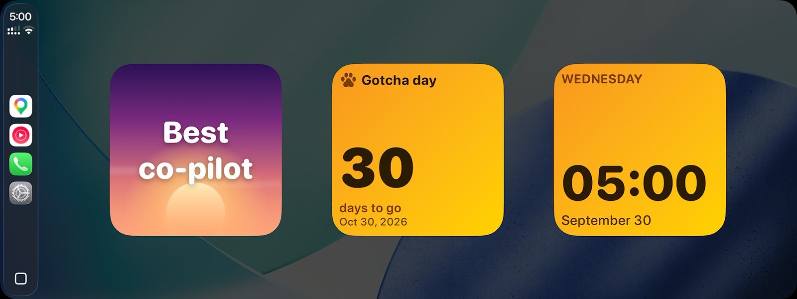 أدوات CarPlay تعرض رسالة للرفيق وعدًا تنازليًا والتاريخ والساعة